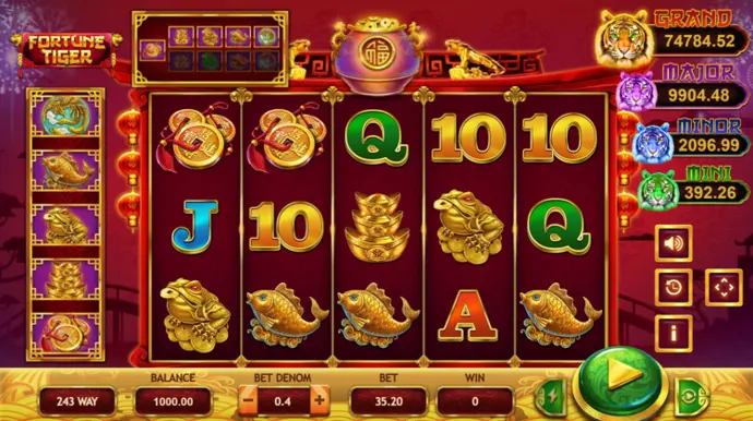 Pantalla de juego de la tragamonedas en línea Fortune Tiger con rodillos giratorios, símbolos e indicadores de jackpot progresivo.